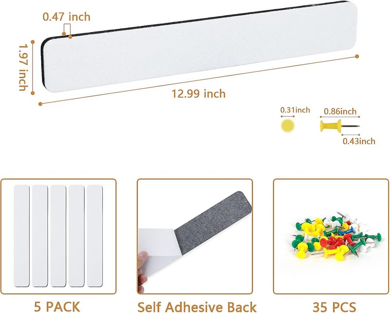 Arlasuo 5 Pack Felt Pin Board Bar Strips Bulletin Board for Bedrooms Offices Home Wall Decoration, Notice Board Self Adhesive Cork Board with 35 Push Pins for Paste Notes, Photos, Schedules (White) - Image 4